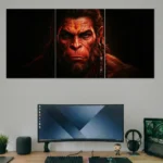 hanuman gaze strength split poster in study room with curved monitor