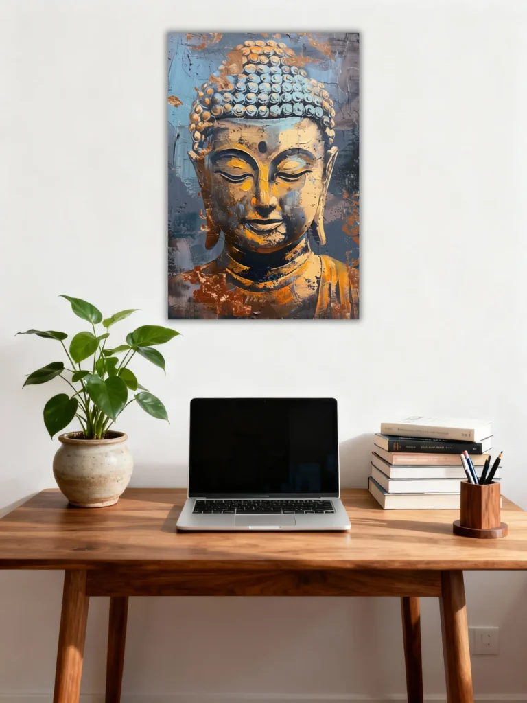 modern-home-office-buddha-wall-art-desk-setup