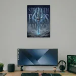 Strength Focus Balance trishul poster above a modern gaming desk setup with curved monitor and RGB mousepad.