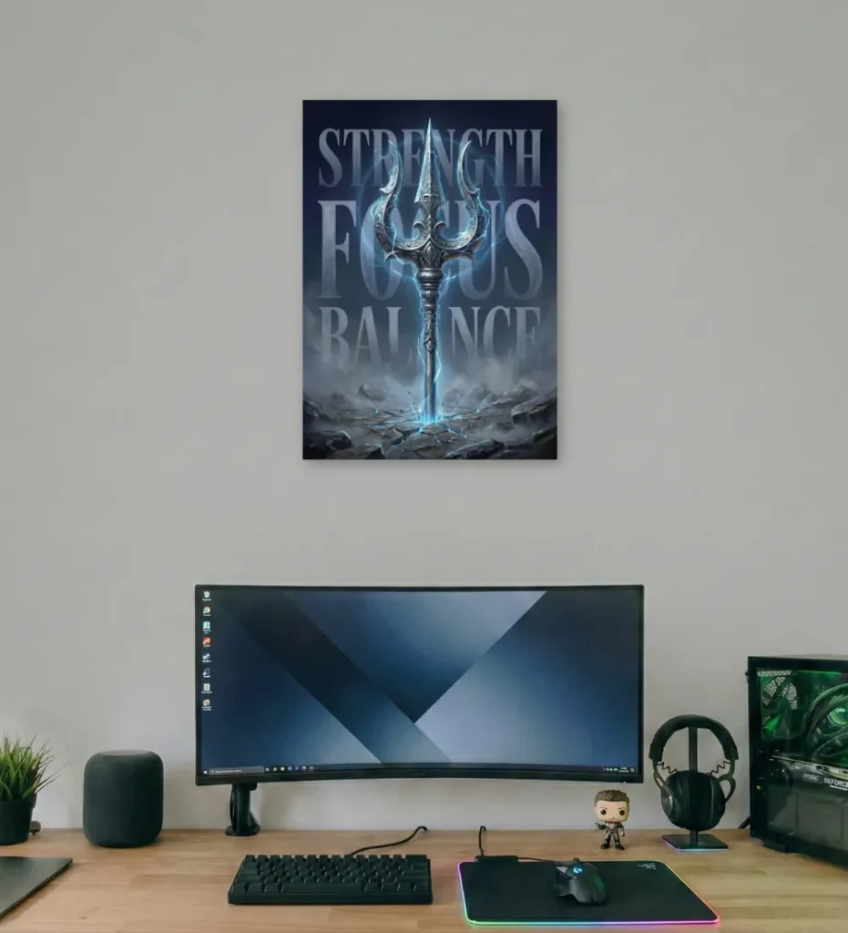Strength Focus Balance trishul poster above a modern gaming desk setup with curved monitor and RGB mousepad.