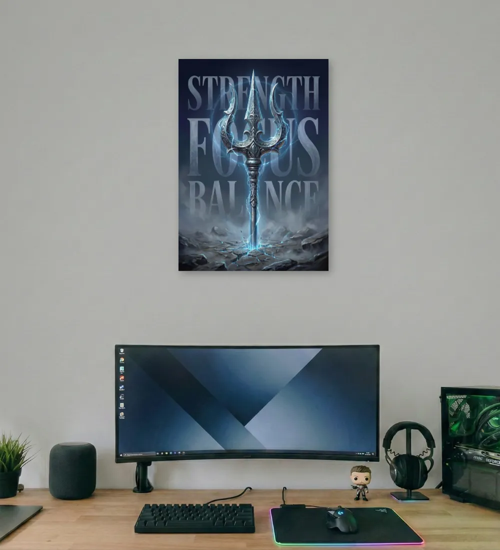 Strength Focus Balance trishul poster above a modern gaming desk setup with curved monitor and RGB mousepad. Strength Focus Balance trishul poster above a modern gaming desk setup with curved monitor and RGB mousepad.