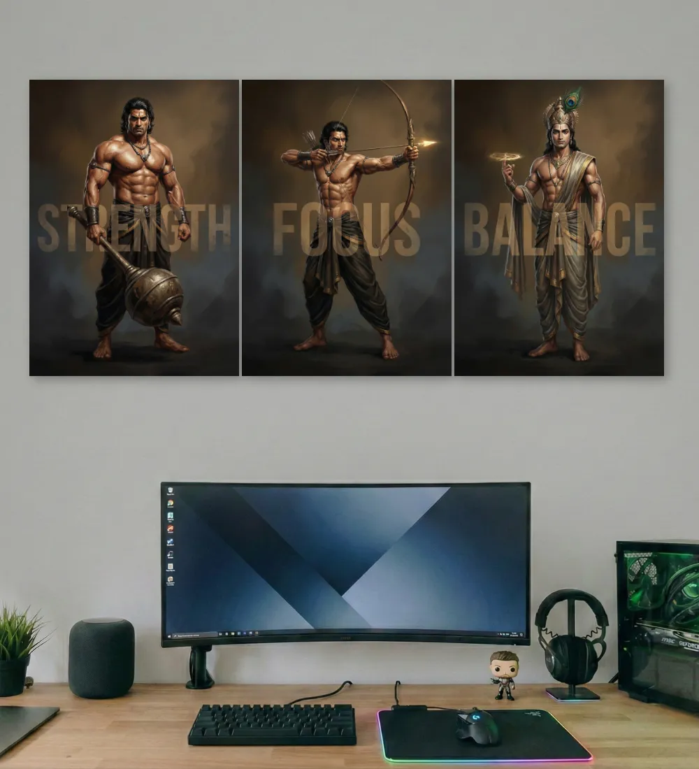 Bhima Arjun Krishna Poster Set – Strength Focus Balance Wall Art (Set of 3) Bhima Arjun Krishna Poster Set – Strength Focus Balance Wall Art (Set of 3)