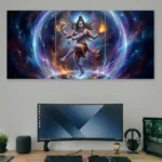 Cosmic Nataraja Shiva poster set above a modern gaming desk with curved monitor.
