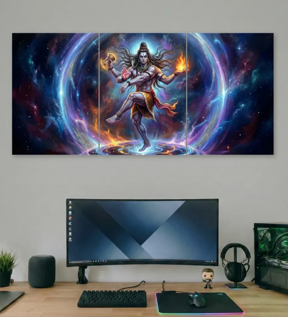 Cosmic Nataraja Shiva poster set above a modern gaming desk with curved monitor.