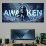 Awaken Shiva triptych poster above a modern gaming desk with curved monitor.