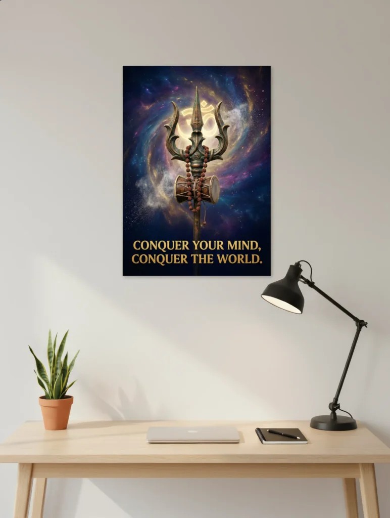 Conquer Your Mind Poster – Cosmic Trishul Motivation Wall Art