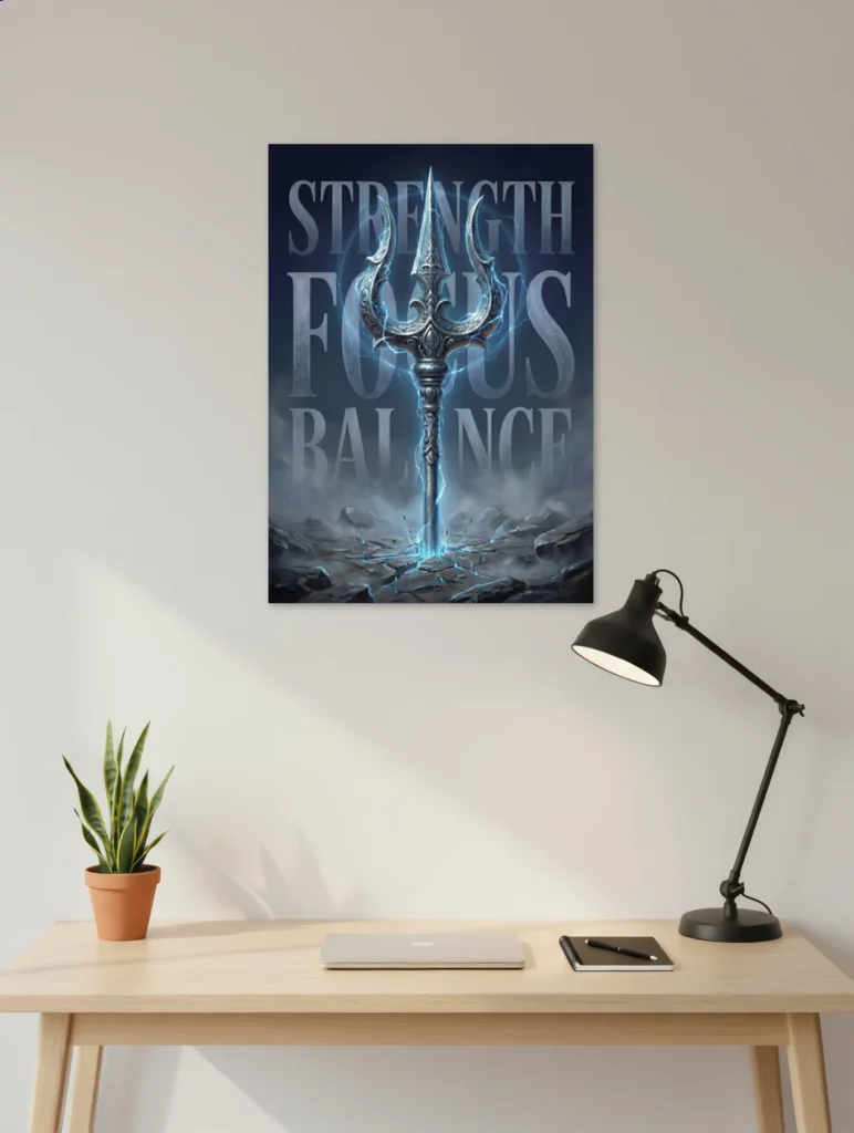 Strength Focus Balance wall poster above wooden study desk with plant, books, and laptop.