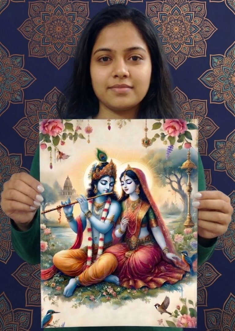 radhe customer holding radha krishna poster