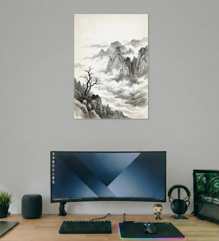 Misty Mountain Ink Landscape Poster